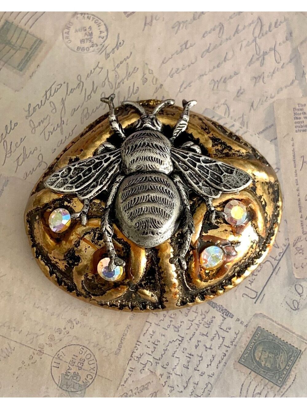 Handmade Magnet Brooch with Swarovski Crystals Bee Hive Gold Tone Bee Brooch